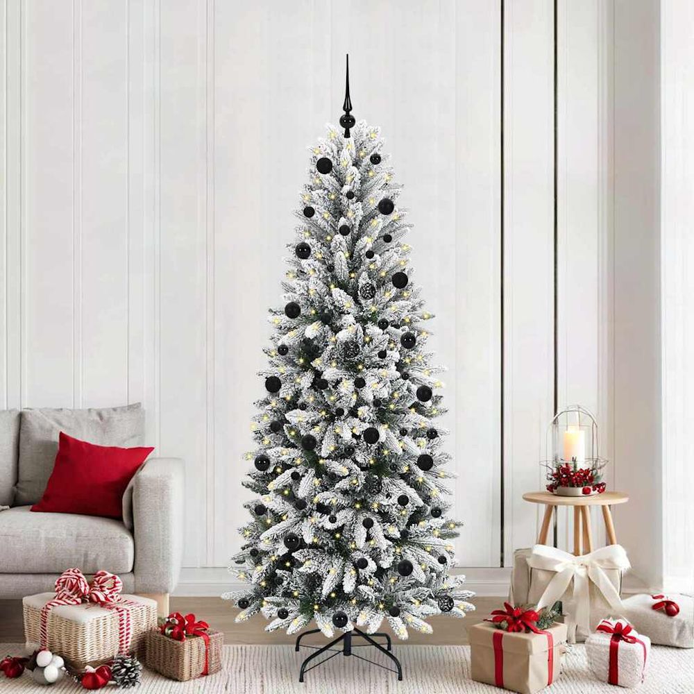 Arbre de noël artificiel blanc 210cm, décor neige avec 300 led et kit de 120 boules