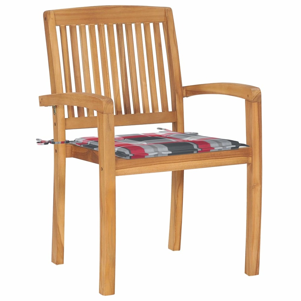 Chaises de jardin lot de 2 avec coussins à carreaux rouges teck