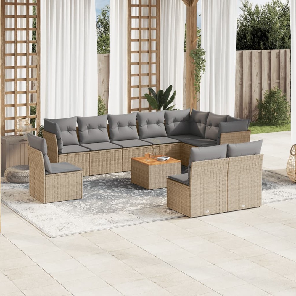 Salon de jardin et coussins 11 pcs mélange beige résine tressée