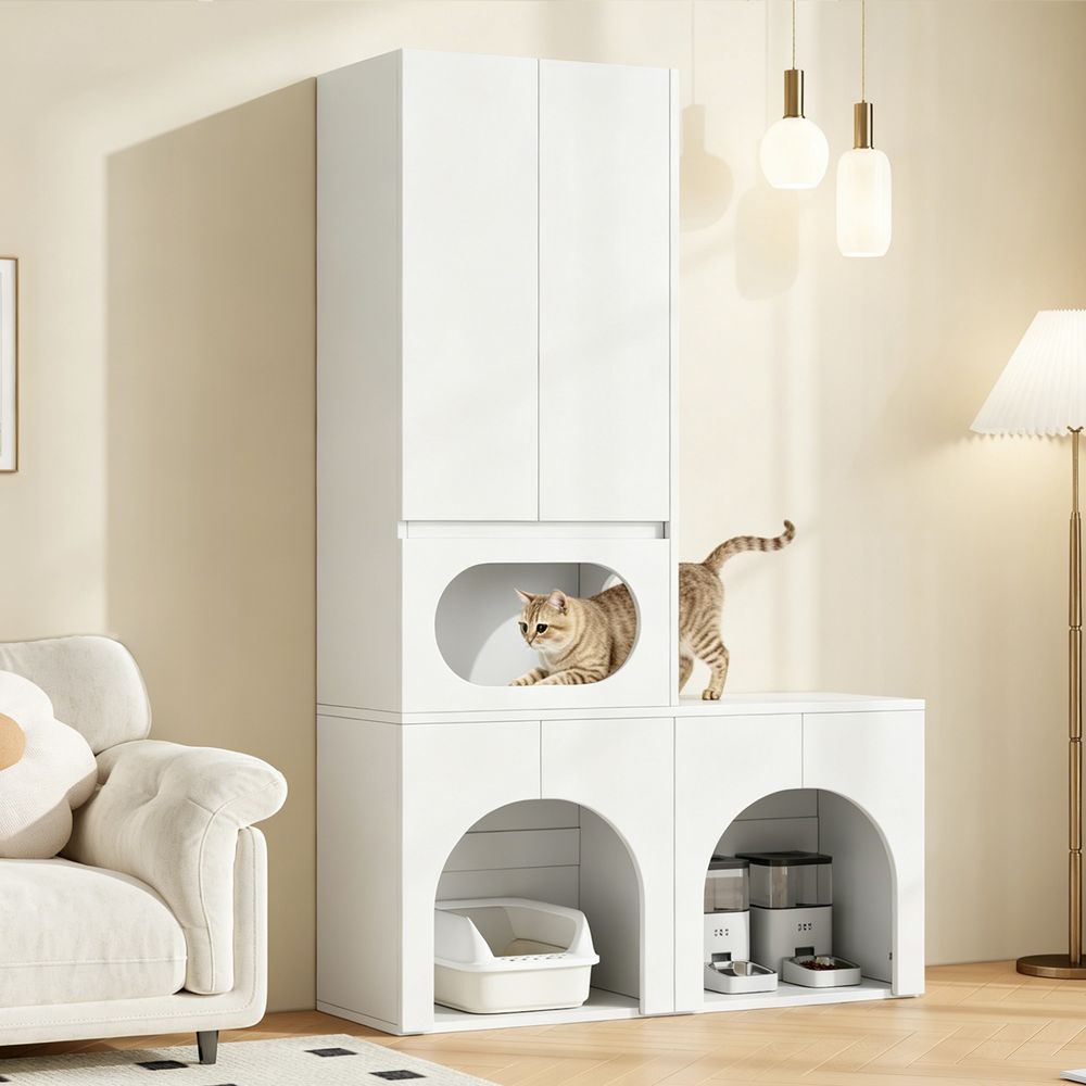 Meuble litière chat double bois blanc 140 x 45 x 195 cm niche et rangement