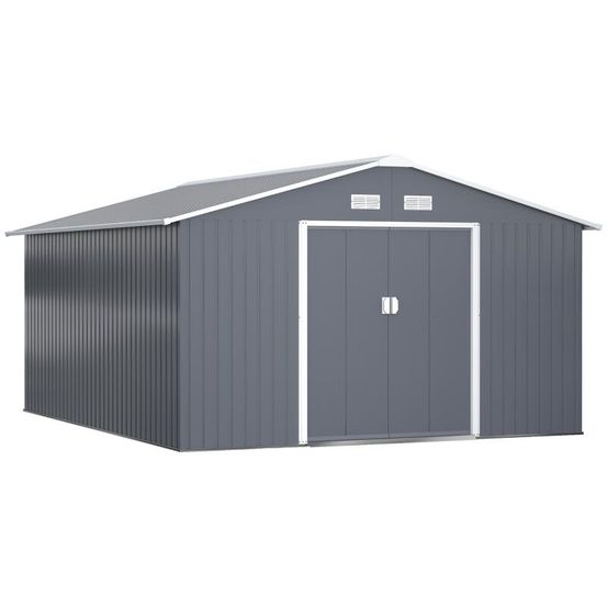Grand abri de jardin acier extérieur kit fondation portes coulissantes 340x386x200cm gris - comfortxl outdoor living