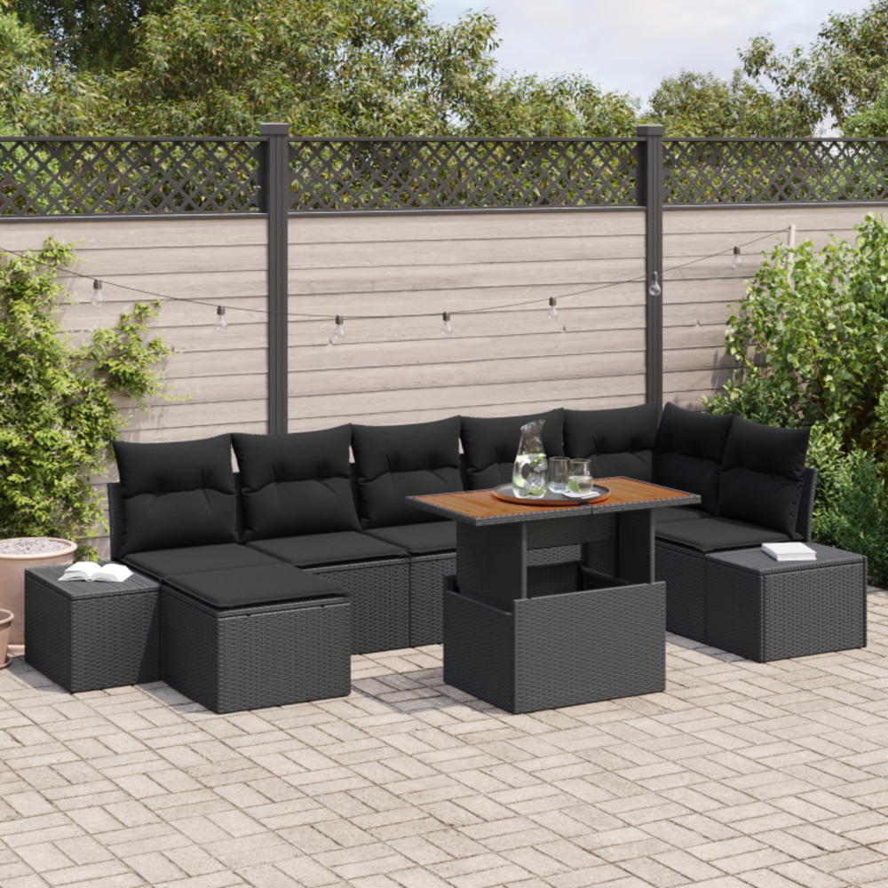 Ensemble de salle à manger de jardin de 8 pièces avec coussins en poly rattan noir et acacia