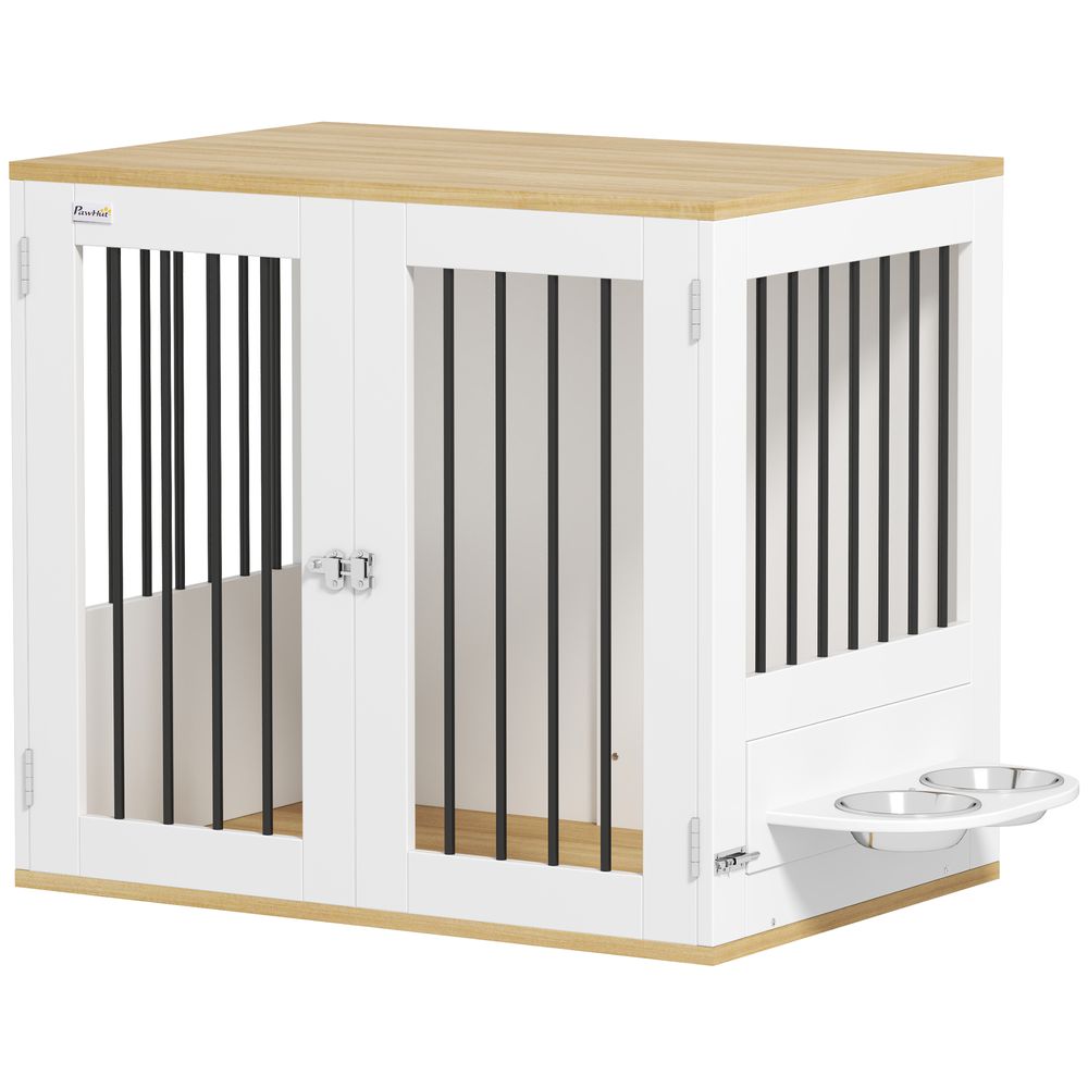 Cage chien meuble bois acier pour chien moyen avec gamelles rotatives 80x55x71cm blanc
