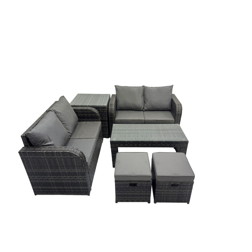 Dossier haut salon de jardin avec canapé d'amour table basse rectangulaire 2 petits tabourets table d'appoint gris foncé mixte