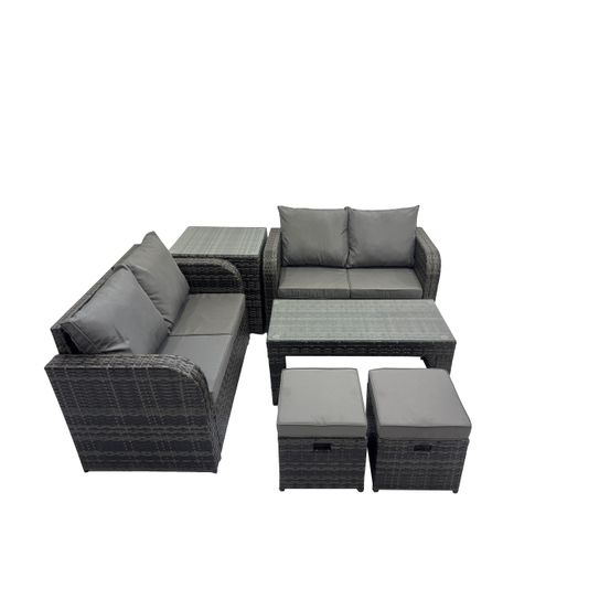 Dossier haut salon de jardin avec canapé d'amour table basse rectangulaire 2 petits tabourets table d'appoint gris foncé mixte