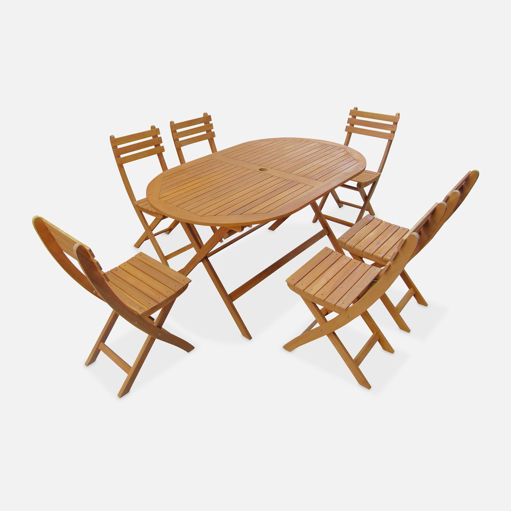 Table de jardin pliable en bois d'acacia, forme ovale avec 6 chaises