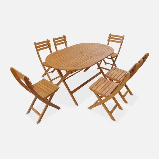Table de jardin pliable en bois d'acacia, forme ovale avec 6 chaises