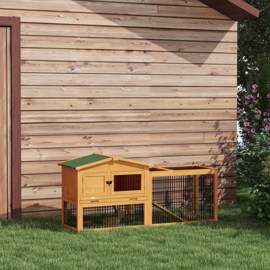 Clapier lapin bois sapin extérieur 2 niveaux enclos toit ouvrant 150cm jaune