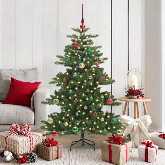 Sapin de noël artificiel décoré 150 cm, pack complet avec lumières led et 61 boules vertes