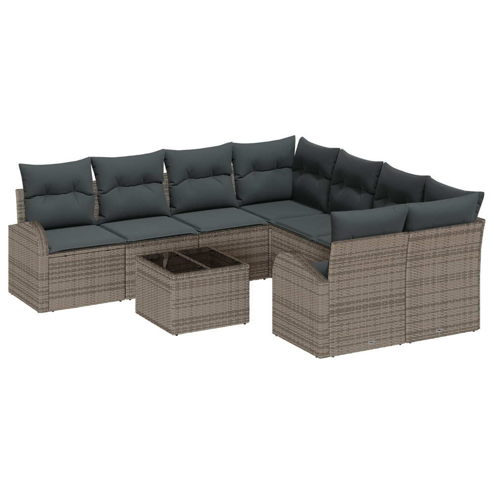Ensemble de canapé de jardin 9 pièces avec coussins gris poly rattan