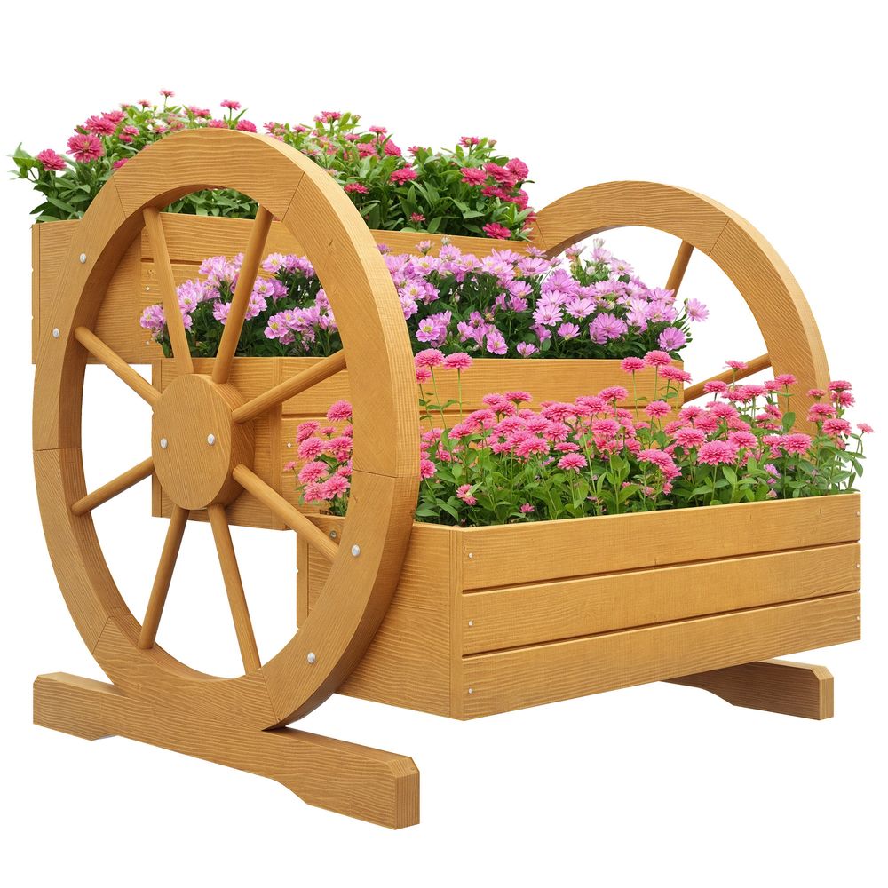Jardinière 3 niveaux bois de sapin décor roues de chariot extérieur 62x61x57cm couleur teck