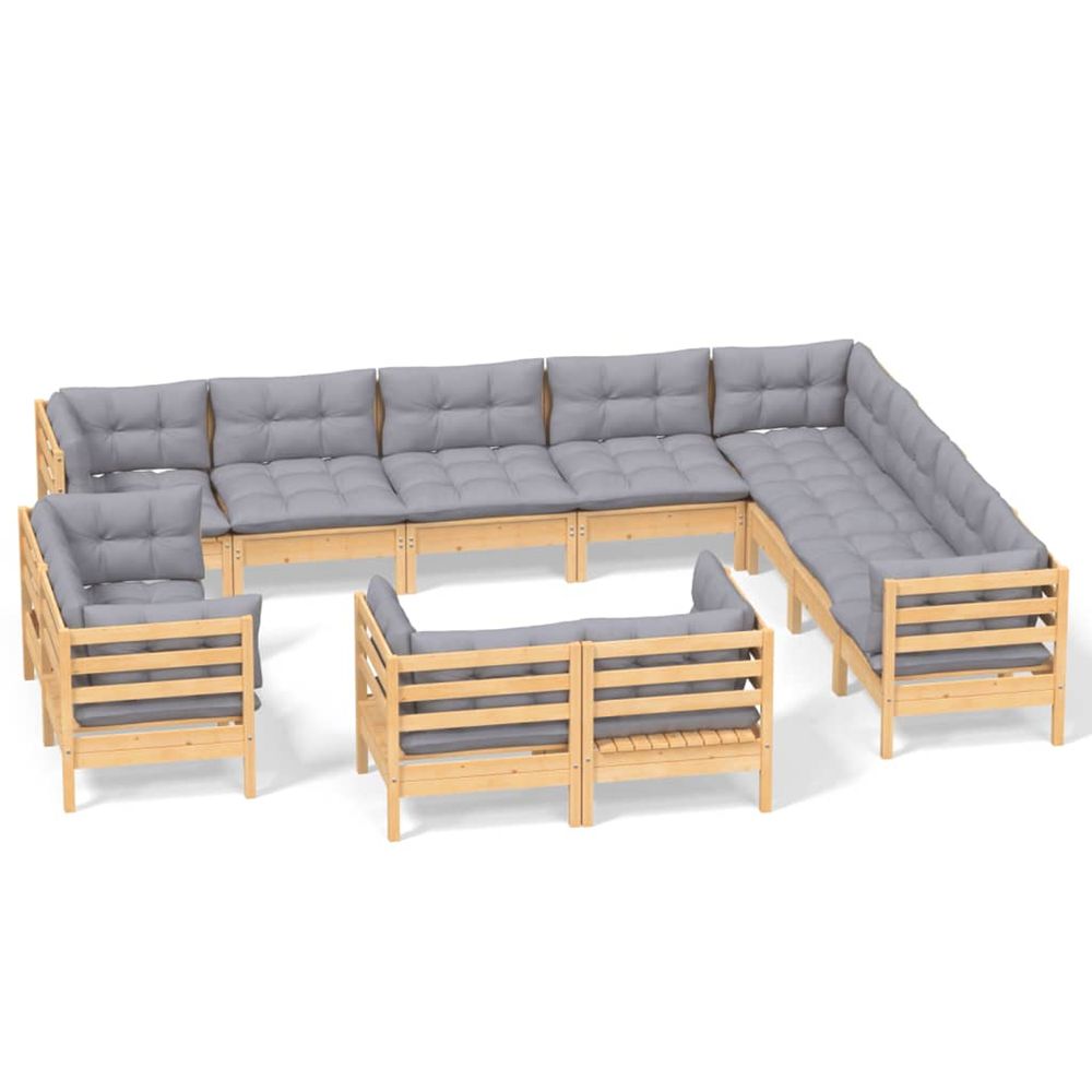 Salon de jardin 12 pcs avec coussins gris bois de pin massif