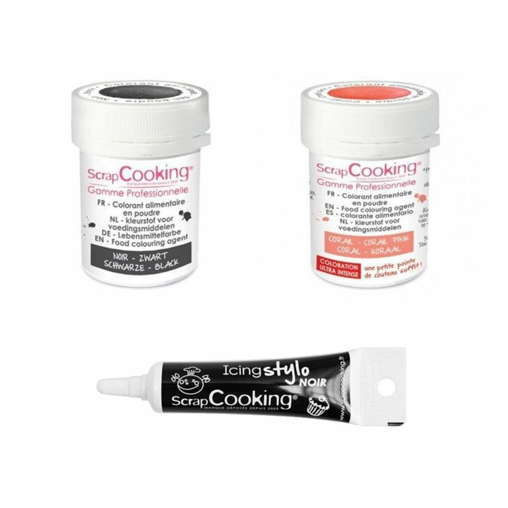 2 colorants alimentaires corail-noir + stylo glaçage noir