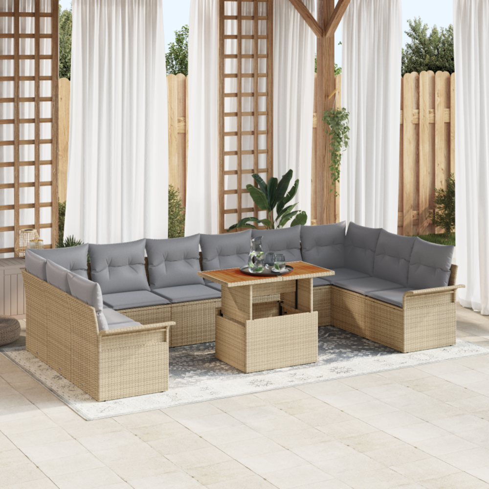 Ensemble salle à manger jardin 11 pièces avec coussins beige poly rattan acacia