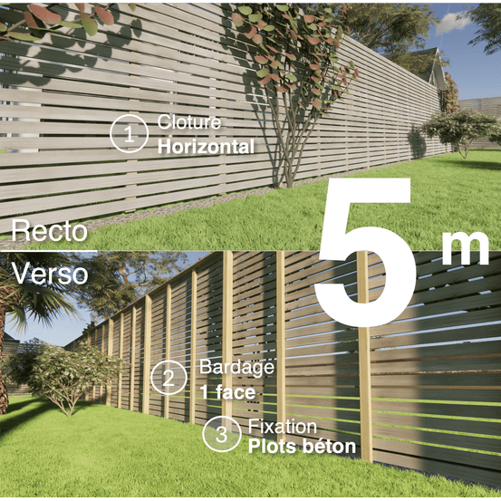 Kit clôture bois moderne 5m – h 2,3m – 20 x 70 mm autoclave gris – pose horizontal – simple face – à sceller