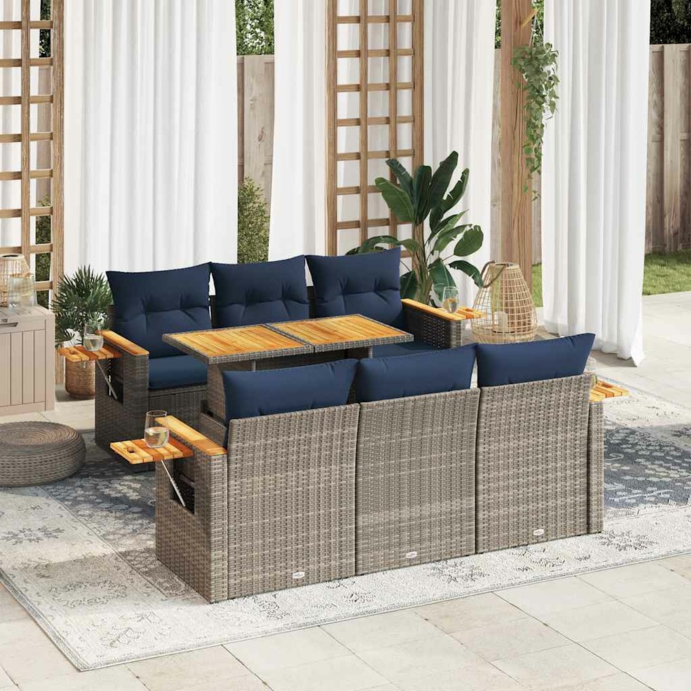 Salon de jardin avec coussins 7 pcs gris résine tressée