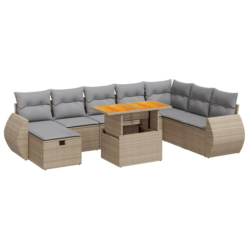 Salon de jardin avec coussins 9 pcs beige résine tressée acacia