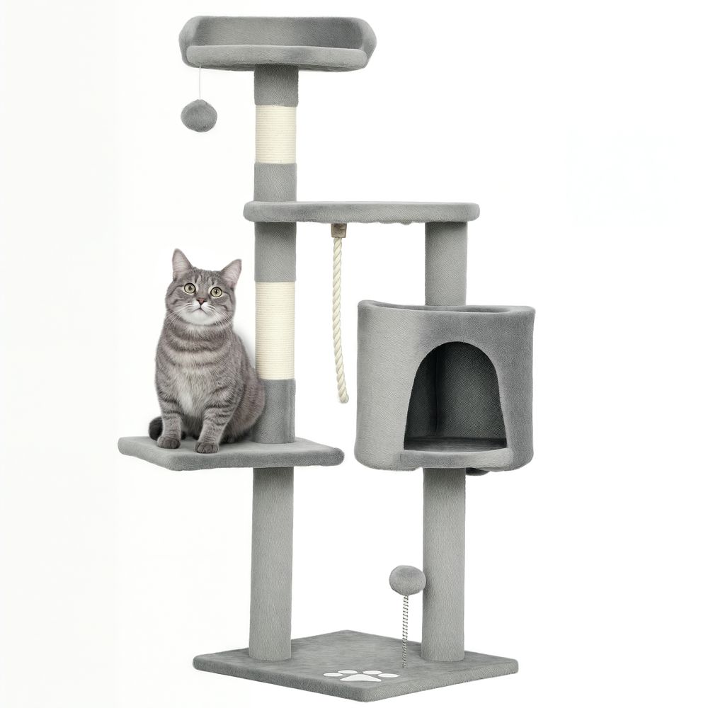 Tour de jeux pour chat multi-activités avec niche plateformes griffoirs et jouets 114 cm gris