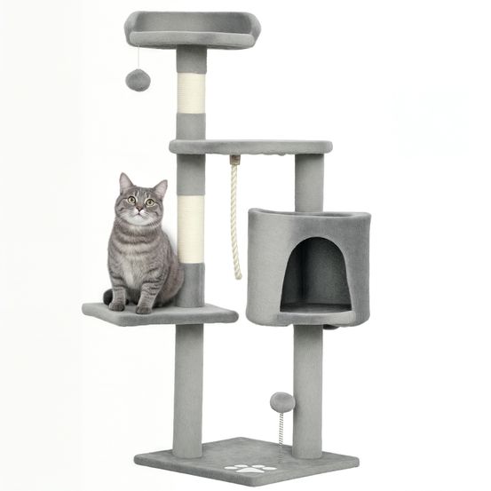 Tour de jeux pour chat multi-activités avec niche plateformes griffoirs et jouets 114 cm gris