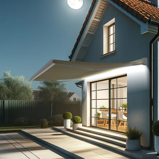 Store banne coffre intégral celeste 5,00x3,00 m (motorisé secours à télécommande + led - blanc satiné ral9010 - écru)