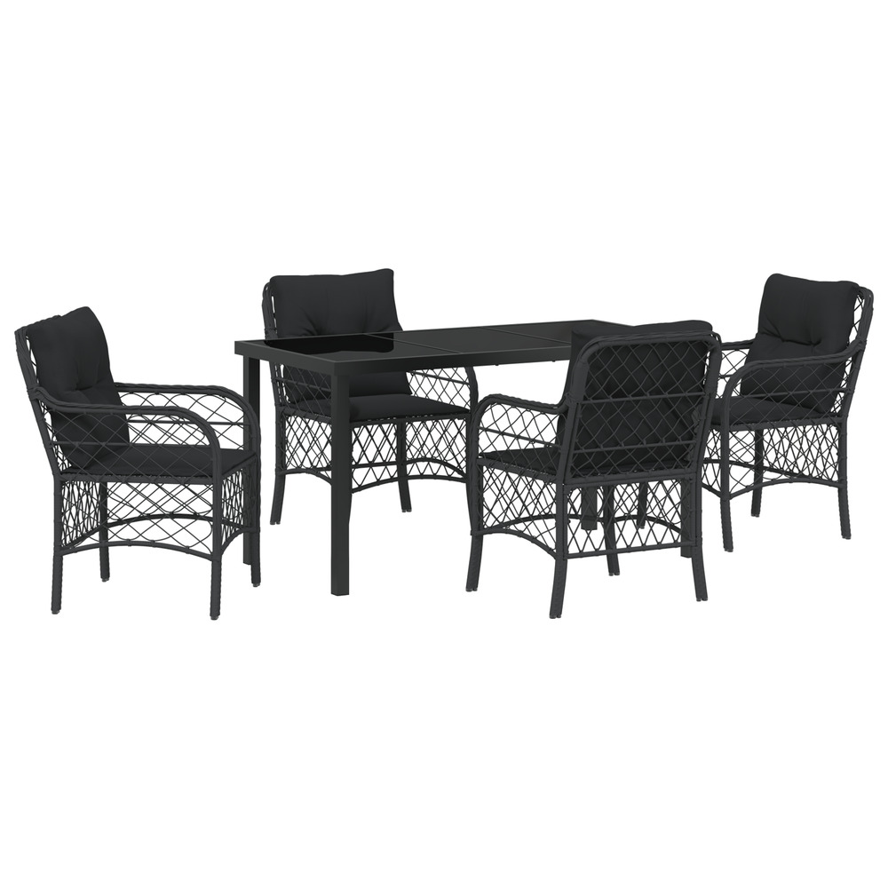 Ensemble de repas de jardin 5 pièces avec coussins en rattan poly noir