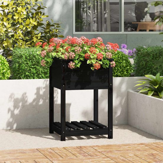 Jardinière carrée sur pieds bois avec étagère pour balcon noir 54cm