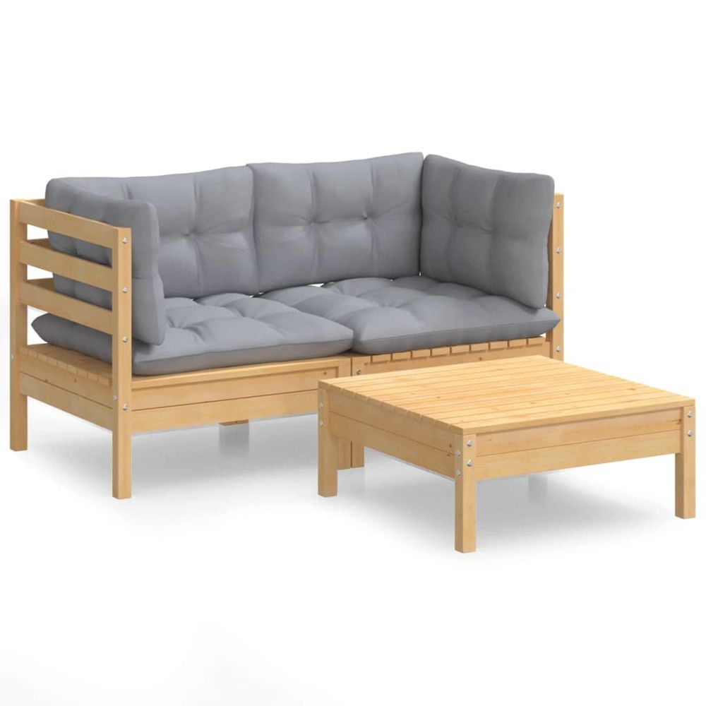 Salon de jardin 3 pcs avec coussins gris bois de pin