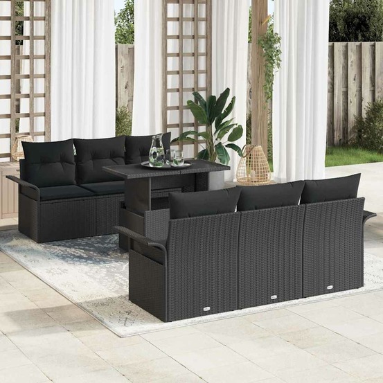 Ensemble de canapé de jardin avec coussin 7 pcs noir polyrotin