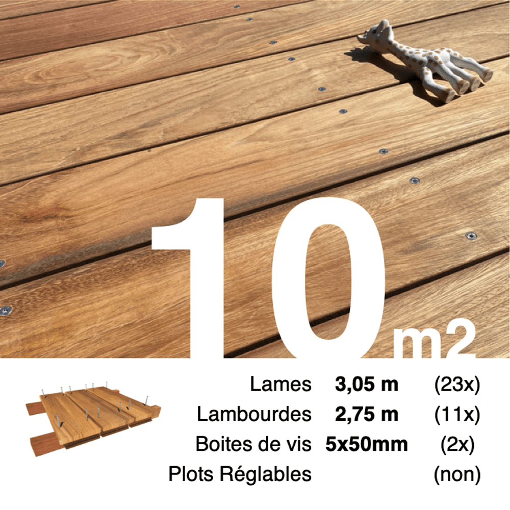 Kit terrasse bois exotique jatoba pour 10 m², lames 3,05 m, lambourdes 2,75 m et visserie inox.