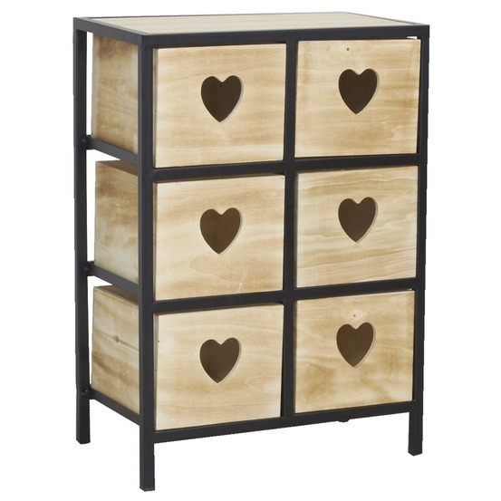 Commode 6 tiroirs en bois naturel coeur 2 x 3 tiroirs