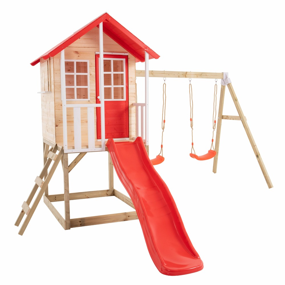 Maisonnette modulable sur pilotis avec balcon, glissière et deux balançoires COQUELICOT en bois FSC®