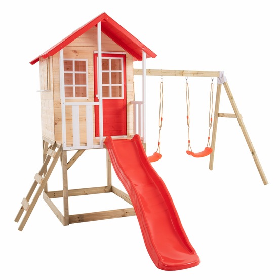 Maisonnette modulable sur pilotis avec balcon, glissière et deux balançoires COQUELICOT en bois FSC®