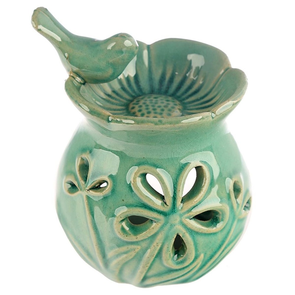 Brûleur a huile en céramique avec oiseau vert et fleur