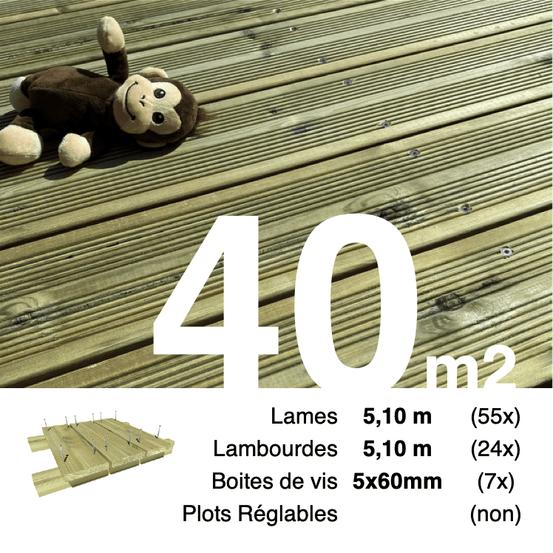 Kit terrasse pin autoclave vert pour 40 m², lames 5,1 m, lambourdes 5,1 m et visserie inox.