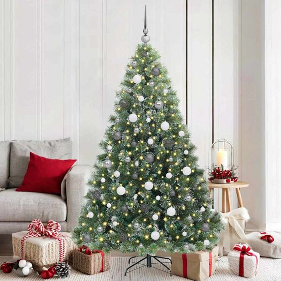 Sapin de noël complet lumineux 120 boules argent/blanc pe/pvc 180 cm