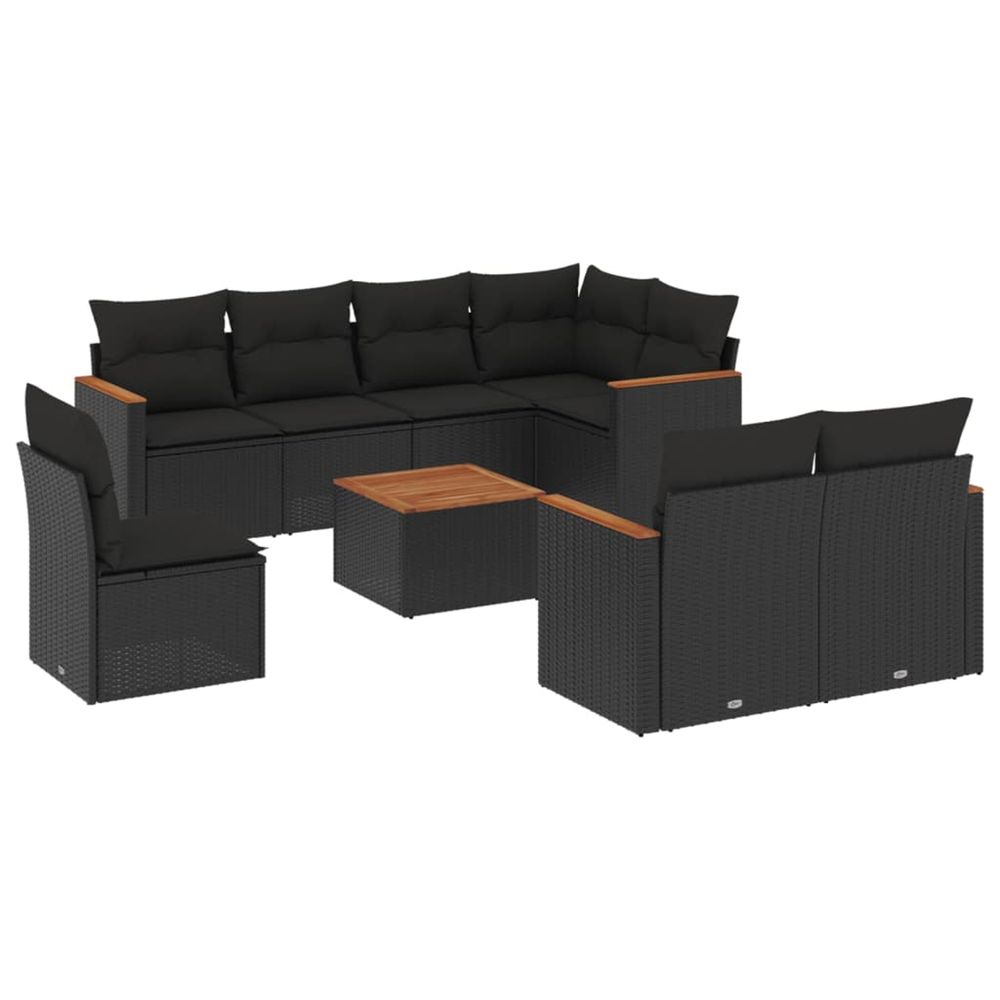 Salon de jardin 9 pcs avec coussins noir résine tressée