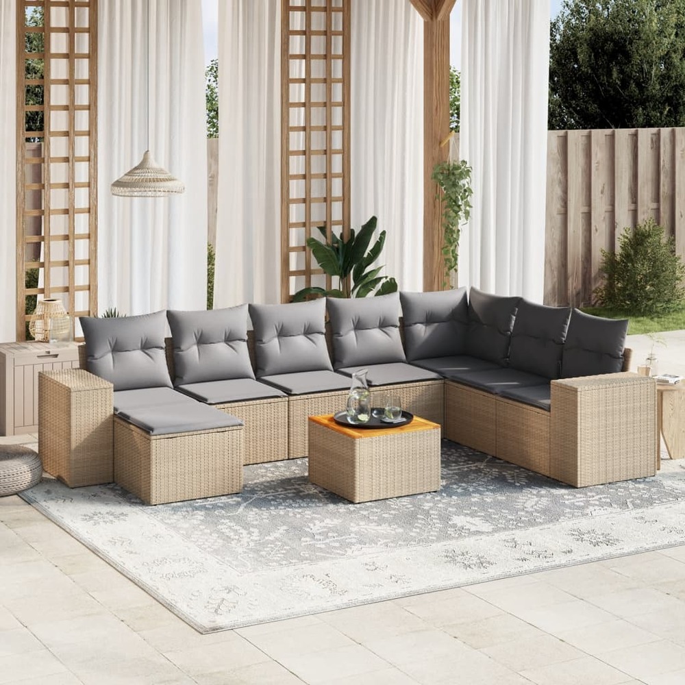 Salon de jardin avec coussins 9 pcs beige résine tressée