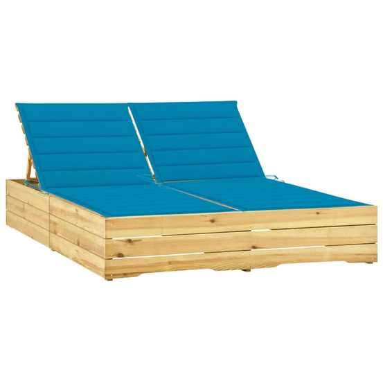 Chaise longue double et coussins bleu bois de pin imprégné bain de soleil
