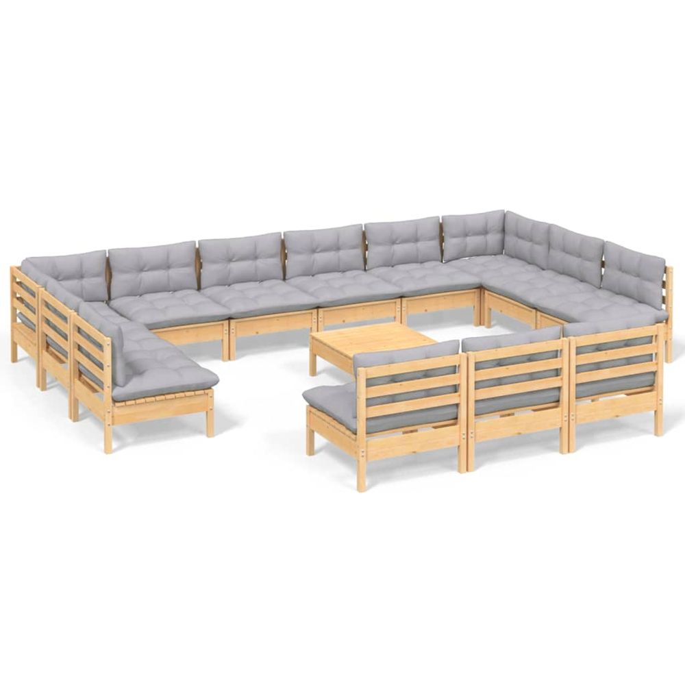 Salon de jardin 14 pcs avec coussins gris bois de pin solide