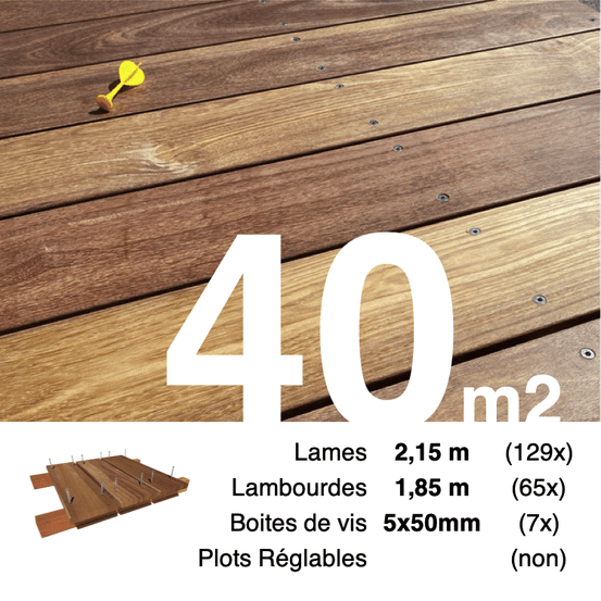 Kit terrasse bois exotique cumaru pour 40 m², lames 2,15 m, lambourdes 1,85 m et visserie inox.