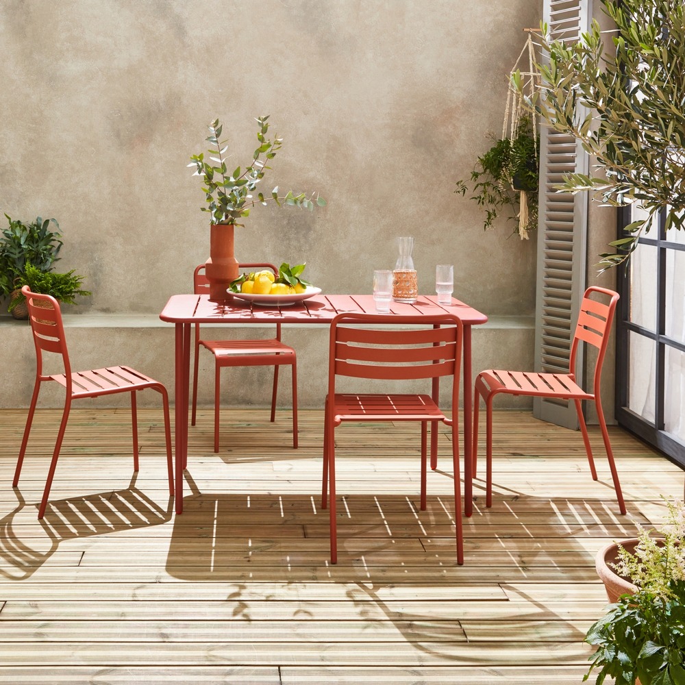 Table de jardin et 4 chaises terracotta en acier. Amelia. 120x70xh72.5cm (12.2kg)