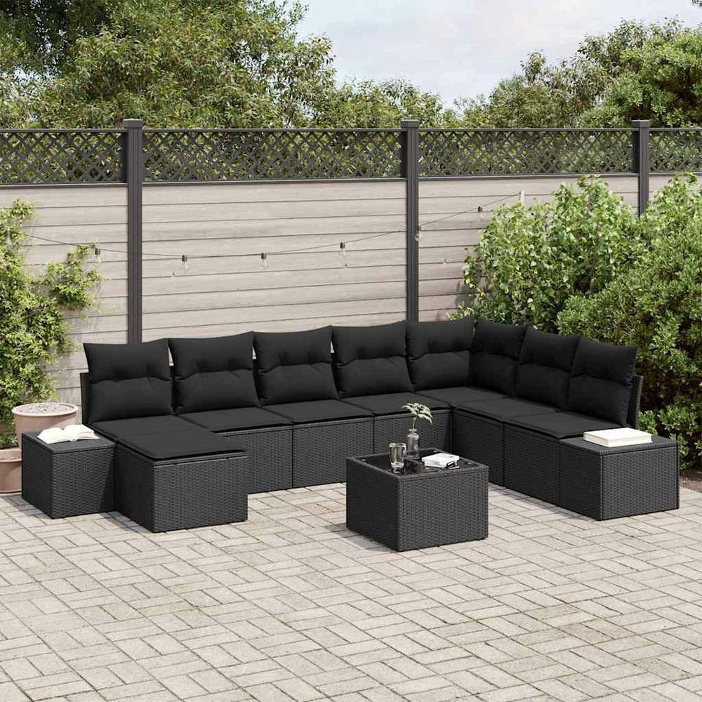 Ensemble de canapé de jardin avec coussin 8 pcs noir polyrotin