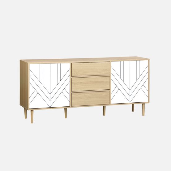 Buffet de rangement décor bois et vert d'eau - mika - 2 niveaux, 2 portes, 3 tiroirs, buffet bas, l 160 x l 40 x h 74cm