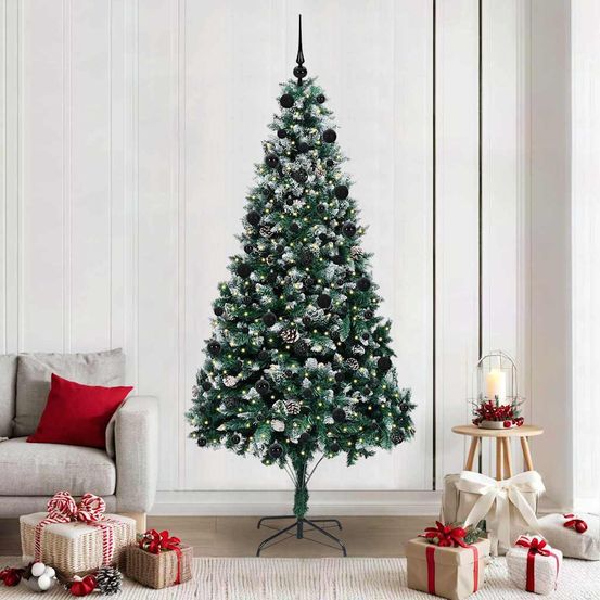 Sapin de noël artificiel touffu 210 cm 1290 branches, lumineux 300 led, boules et cime