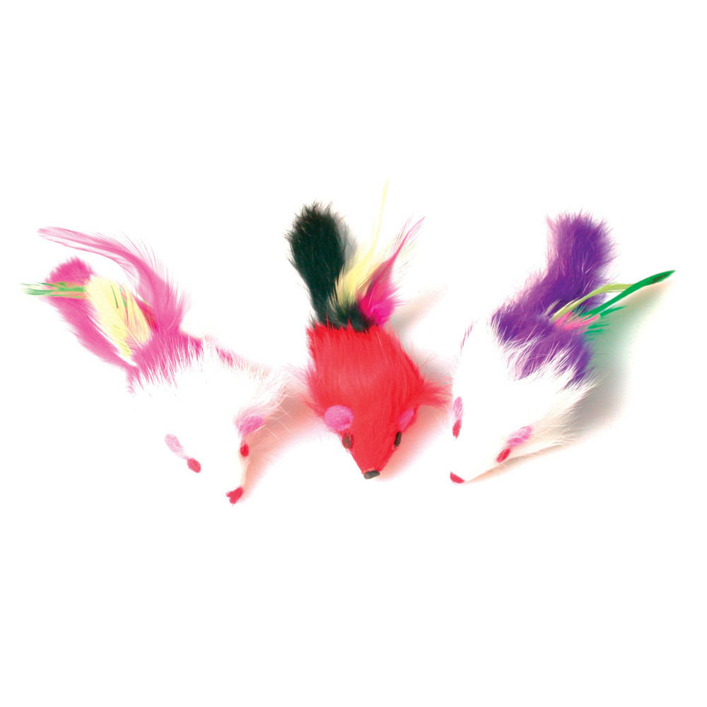 3 souris à plume multi couleur jouet pour chat