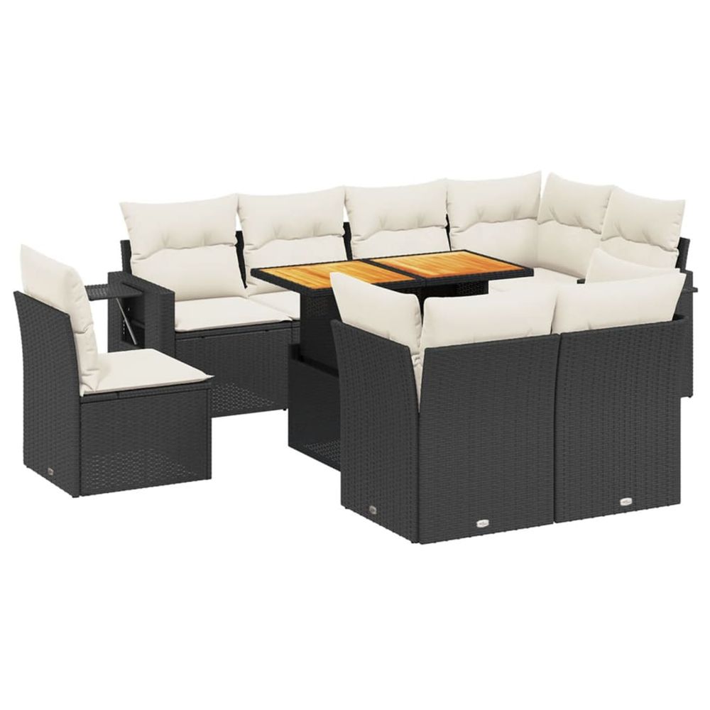 Salon de jardin 9 pcs avec coussins noir résine tressée