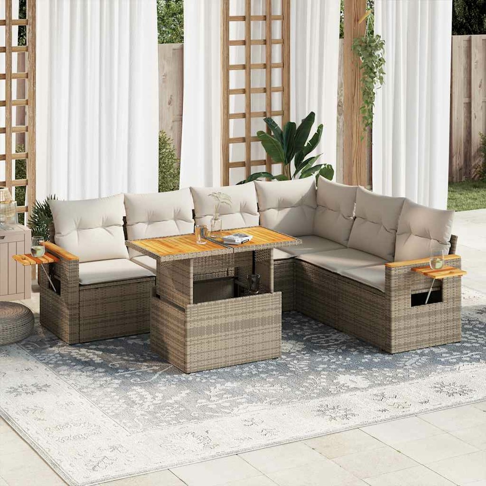 Salon de jardin avec coussins 7 pcs beige résine tressée acacia