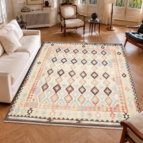 Tapis kilim 255 x 304 cm, multicolore, crème, orange, en laine, kilim 61