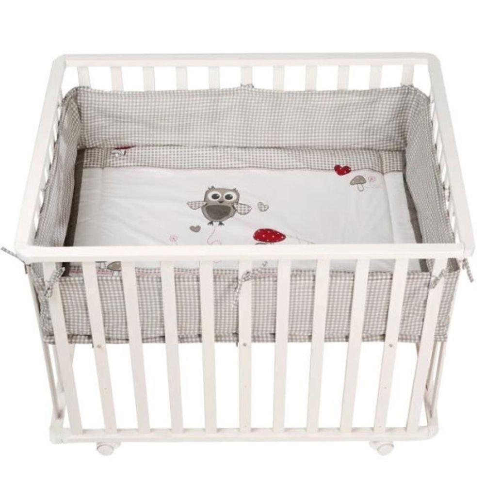 Parc bébé 100x75 cm + tapis adam et eule imprimé chouette + 4 roues - - bois blanc