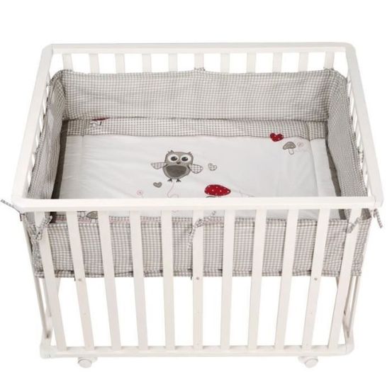 Parc bébé 100x75 cm + tapis adam et eule imprimé chouette + 4 roues - - bois blanc